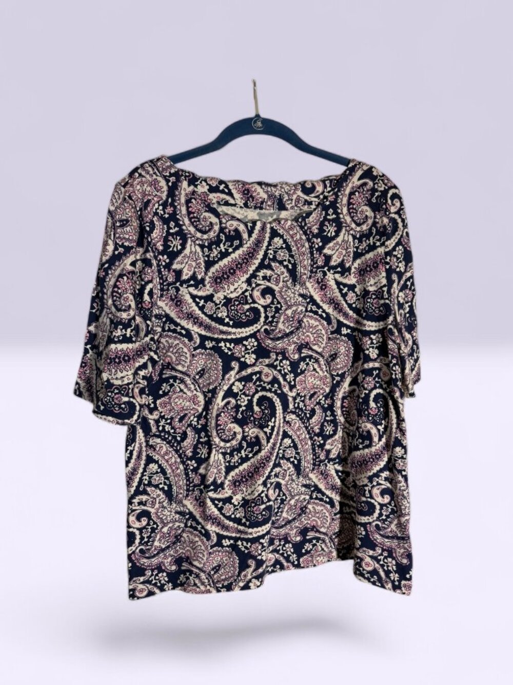 Talbots Purple, Navy, & White 100% Pima Cotton Short Sleeve Paisley Top Sz L